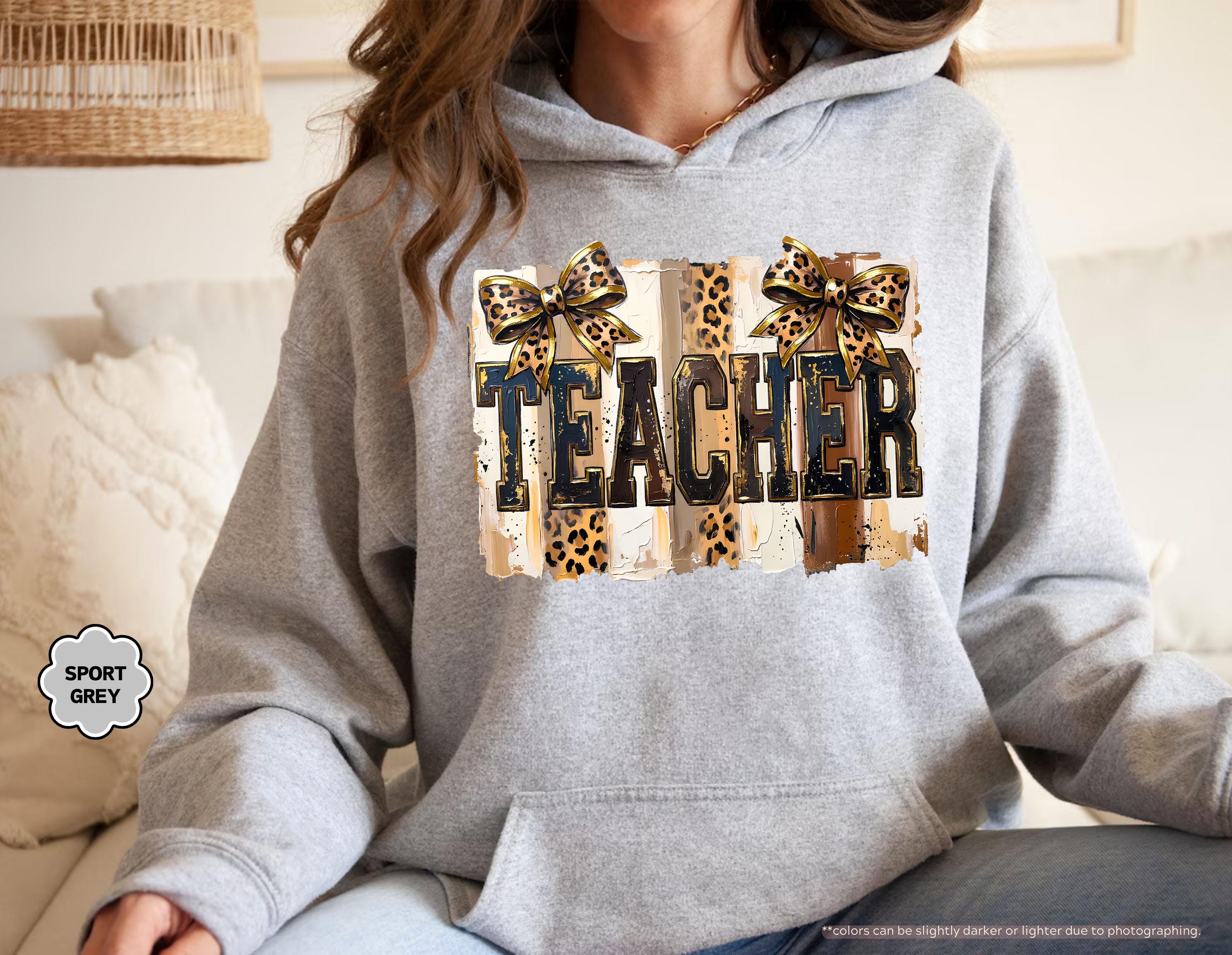 Leopard Bow Teacher Sweatshirt, Coquette Teacher Hoodie, Preppy Teacher Appreciation Crewneck, Trendy Teacher Sweatshirt, Gift For Teacher