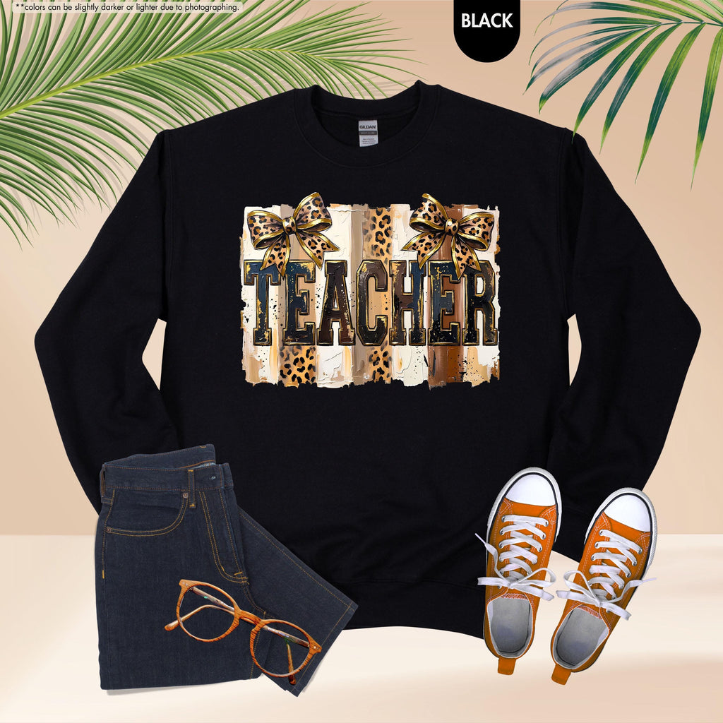 Leopard Bow Teacher Sweatshirt, Coquette Teacher Hoodie, Preppy Teacher Appreciation Crewneck, Trendy Teacher Sweatshirt, Gift For Teacher