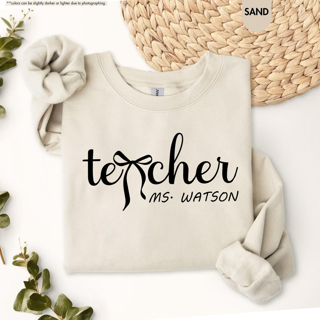 Personalized Teacher Sweatshirt, Custom Name Teacher Hoodie, Coquette Bow Teacher Crewneck, Teacher Appreciation Gift, Teacher Life Hoodie