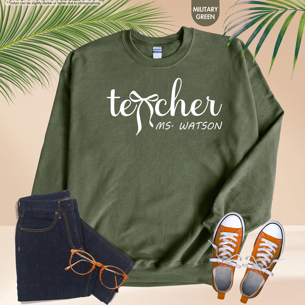 Personalized Teacher Sweatshirt, Custom Name Teacher Hoodie, Coquette Bow Teacher Crewneck, Teacher Appreciation Gift, Teacher Life Hoodie