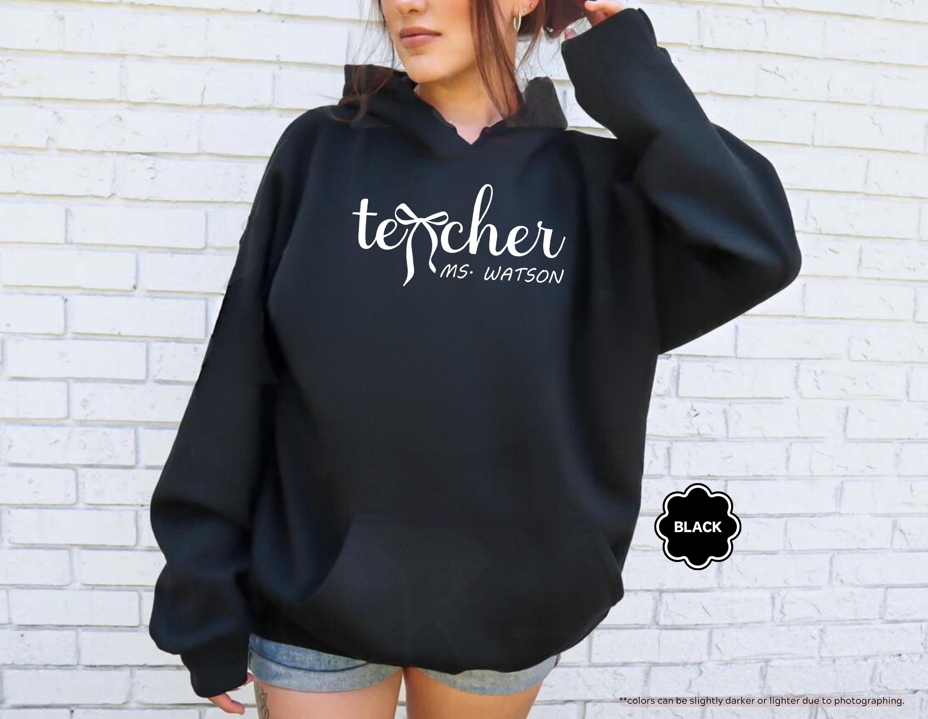 Personalized Teacher Sweatshirt, Custom Name Teacher Hoodie, Coquette Bow Teacher Crewneck, Teacher Appreciation Gift, Teacher Life Hoodie