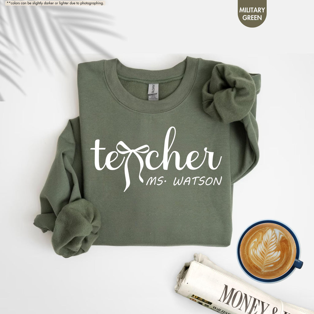 Personalized Teacher Sweatshirt, Custom Name Teacher Hoodie, Coquette Bow Teacher Crewneck, Teacher Appreciation Gift, Teacher Life Hoodie