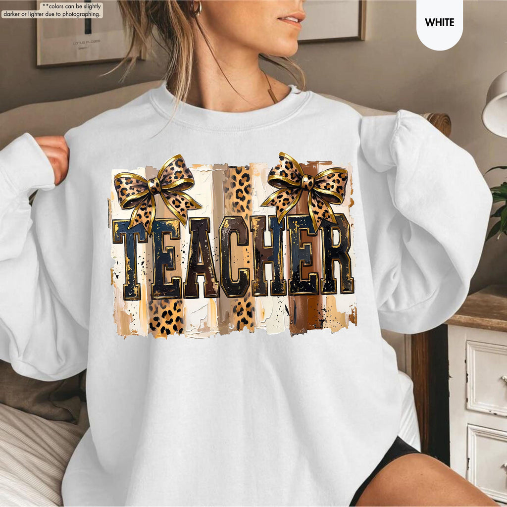 Leopard Bow Teacher Sweatshirt, Coquette Teacher Hoodie, Preppy Teacher Appreciation Crewneck, Trendy Teacher Sweatshirt, Gift For Teacher
