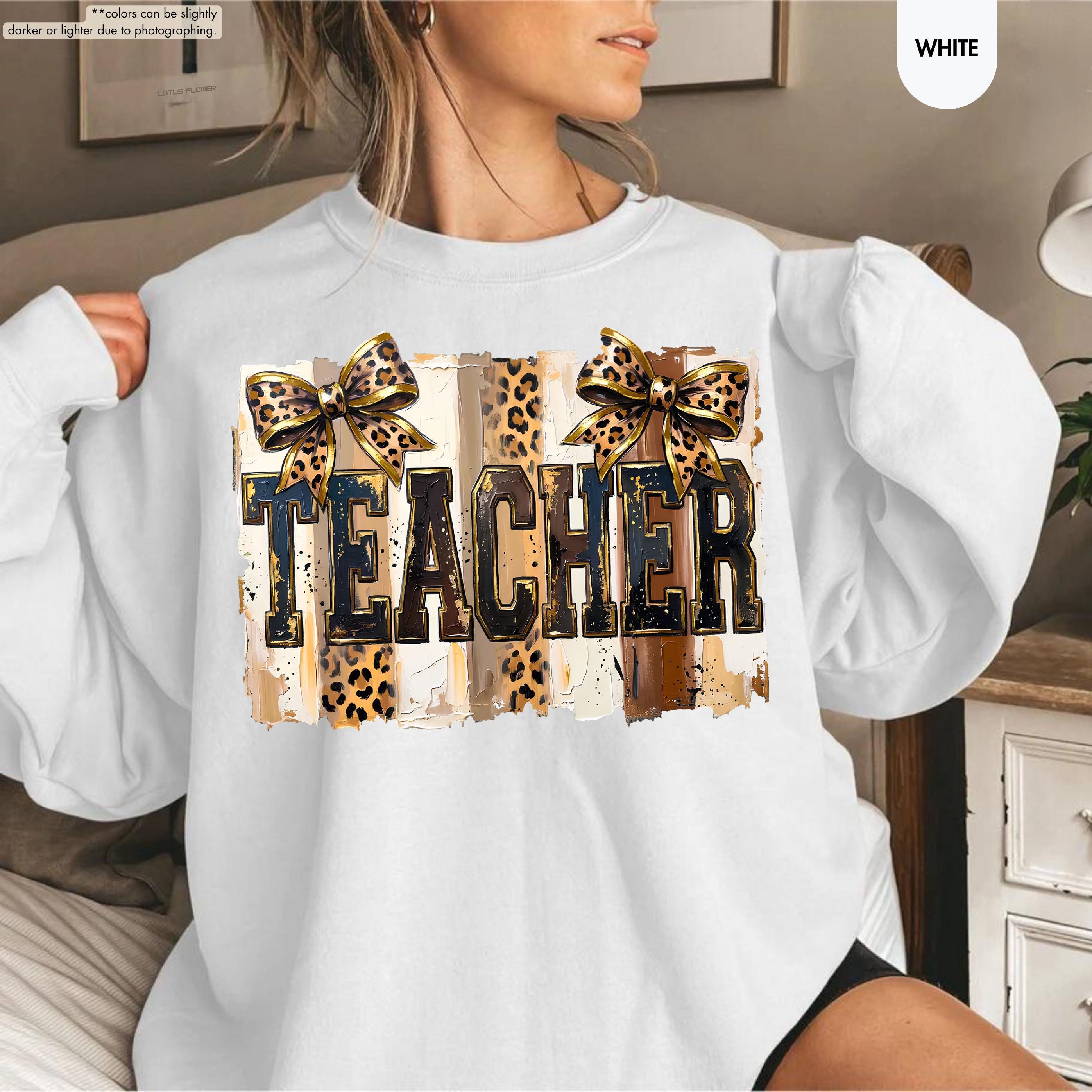 Leopard Bow Teacher Sweatshirt, Coquette Teacher Hoodie, Preppy Teacher Appreciation Crewneck, Trendy Teacher Sweatshirt, Gift For Teacher