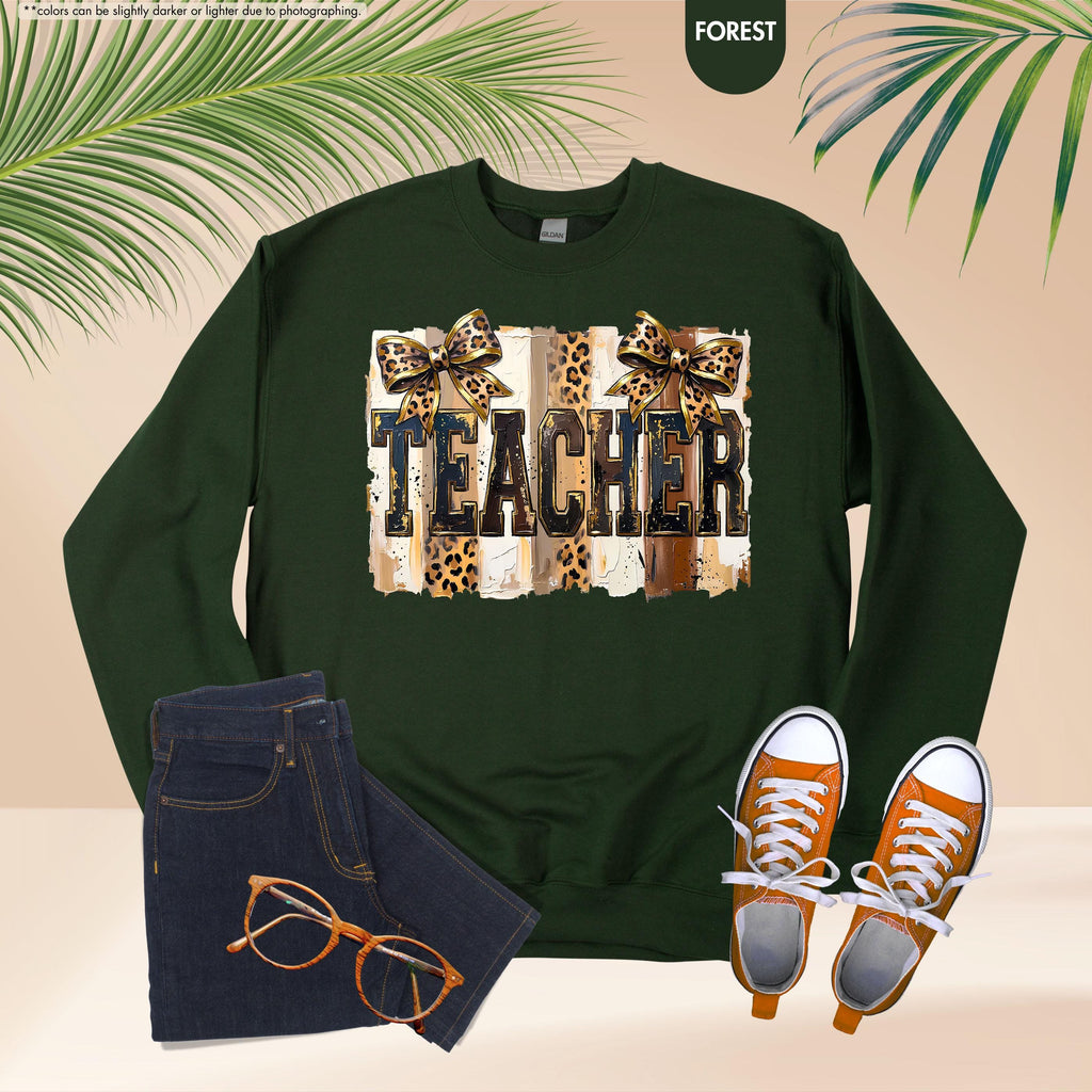 Leopard Bow Teacher Sweatshirt, Coquette Teacher Hoodie, Preppy Teacher Appreciation Crewneck, Trendy Teacher Sweatshirt, Gift For Teacher