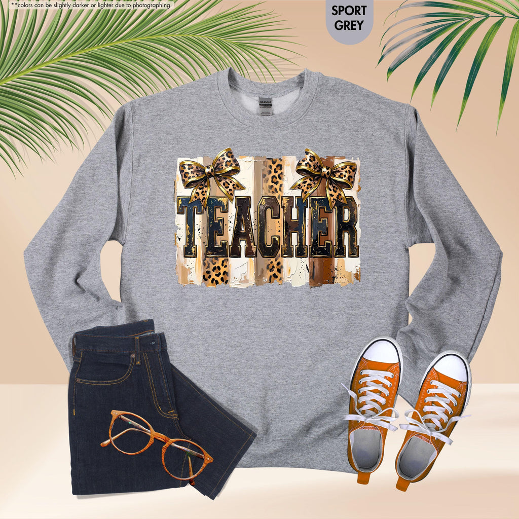 Leopard Bow Teacher Sweatshirt, Coquette Teacher Hoodie, Preppy Teacher Appreciation Crewneck, Trendy Teacher Sweatshirt, Gift For Teacher