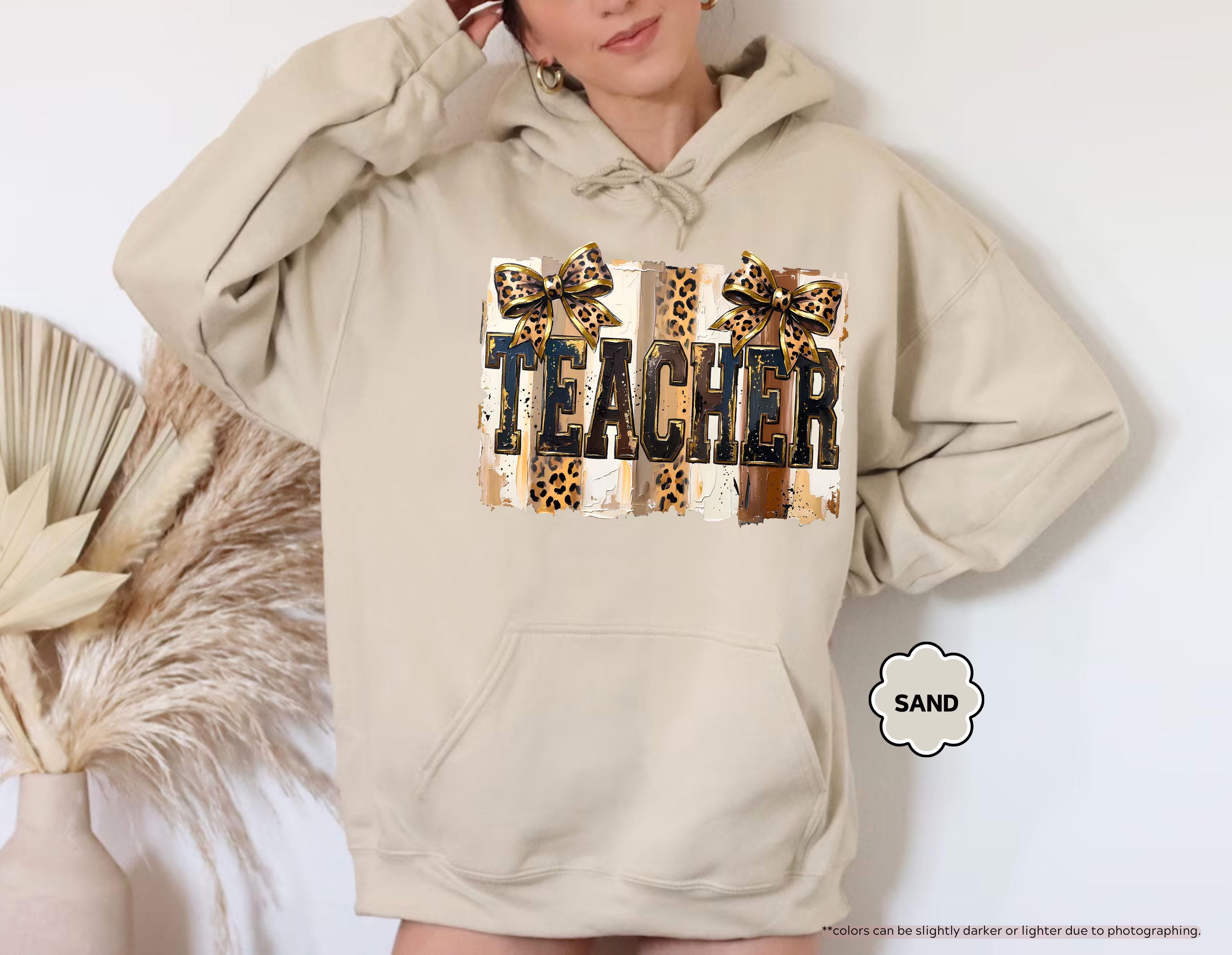 Leopard Bow Teacher Sweatshirt, Coquette Teacher Hoodie, Preppy Teacher Appreciation Crewneck, Trendy Teacher Sweatshirt, Gift For Teacher