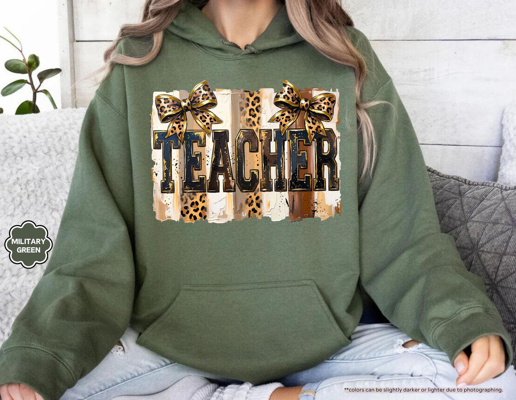 Leopard Bow Teacher Sweatshirt, Coquette Teacher Hoodie, Preppy Teacher Appreciation Crewneck, Trendy Teacher Sweatshirt, Gift For Teacher