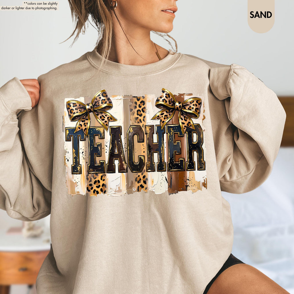 Leopard Bow Teacher Sweatshirt, Coquette Teacher Hoodie, Preppy Teacher Appreciation Crewneck, Trendy Teacher Sweatshirt, Gift For Teacher