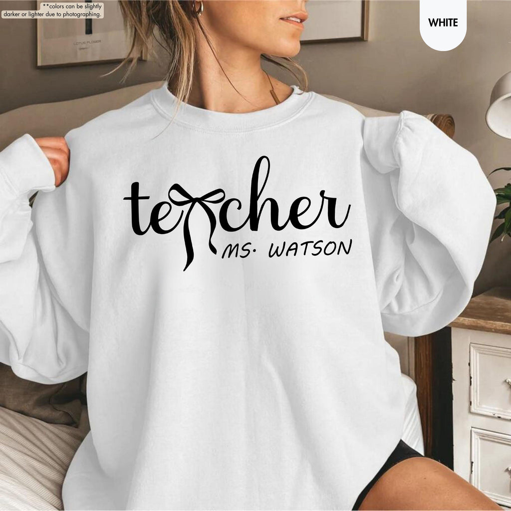 Personalized Teacher Sweatshirt, Custom Name Teacher Hoodie, Coquette Bow Teacher Crewneck, Teacher Appreciation Gift, Teacher Life Hoodie