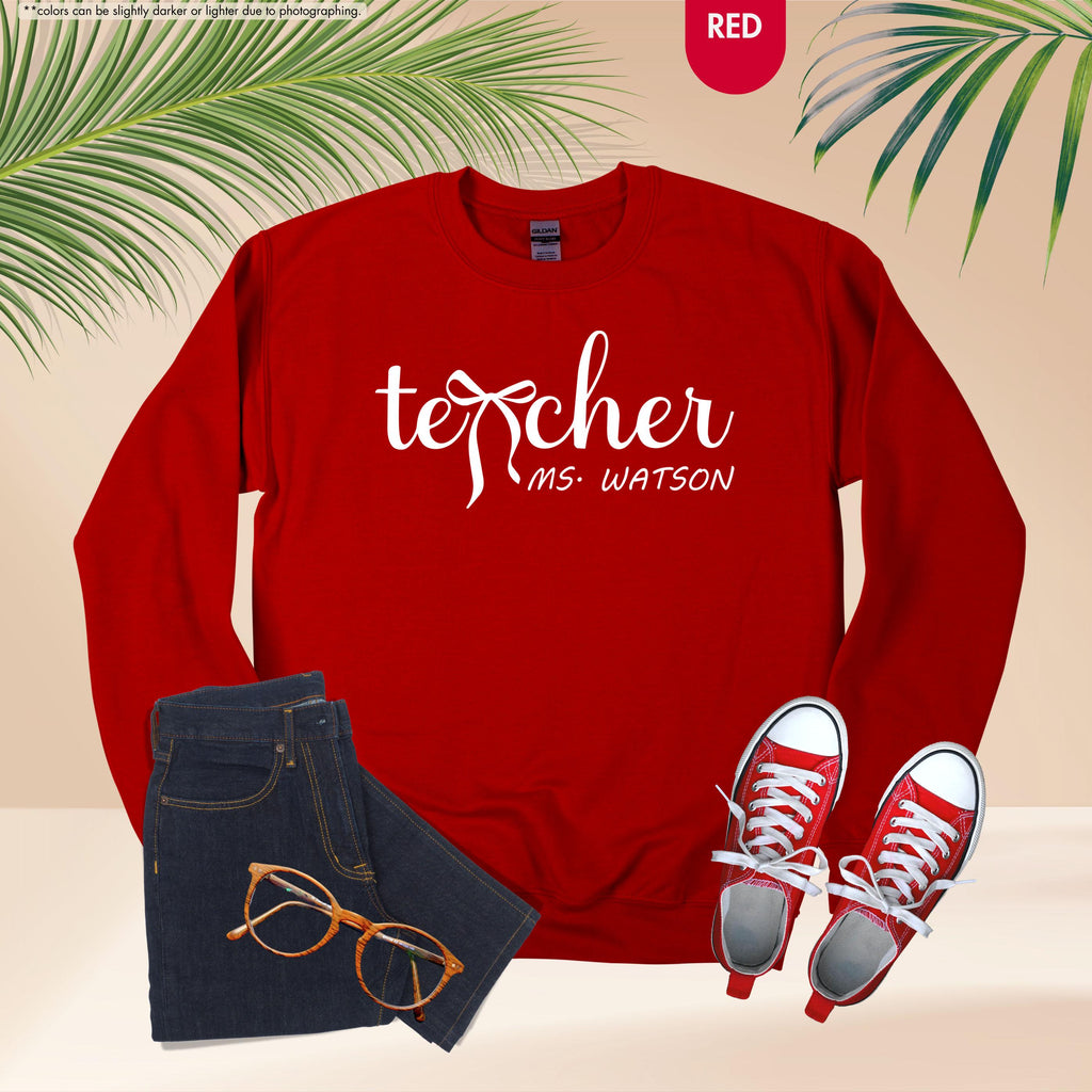 Personalized Teacher Sweatshirt, Custom Name Teacher Hoodie, Coquette Bow Teacher Crewneck, Teacher Appreciation Gift, Teacher Life Hoodie