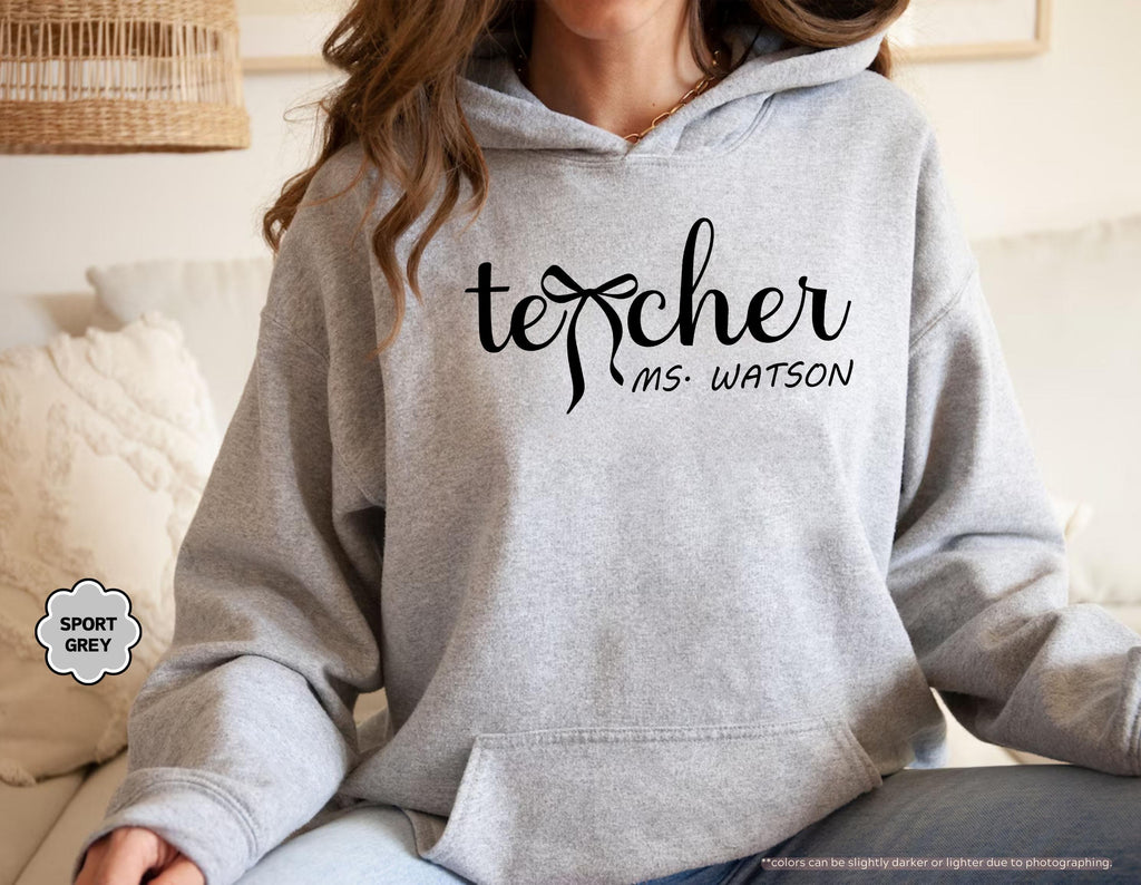 Personalized Teacher Sweatshirt, Custom Name Teacher Hoodie, Coquette Bow Teacher Crewneck, Teacher Appreciation Gift, Teacher Life Hoodie