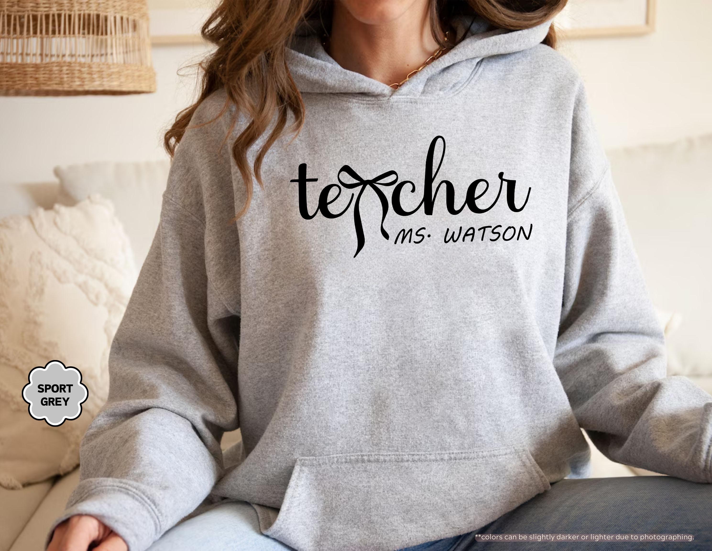 Personalized Teacher Sweatshirt, Custom Name Teacher Hoodie, Coquette Bow Teacher Crewneck, Teacher Appreciation Gift, Teacher Life Hoodie