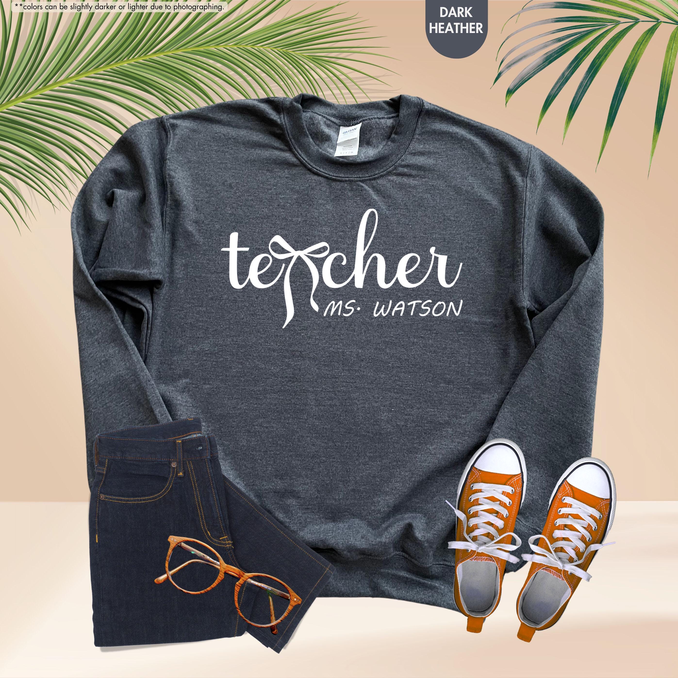 Personalized Teacher Sweatshirt, Custom Name Teacher Hoodie, Coquette Bow Teacher Crewneck, Teacher Appreciation Gift, Teacher Life Hoodie