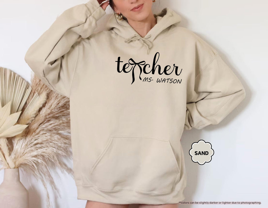 Personalized Teacher Sweatshirt, Custom Name Teacher Hoodie, Coquette Bow Teacher Crewneck, Teacher Appreciation Gift, Teacher Life Hoodie