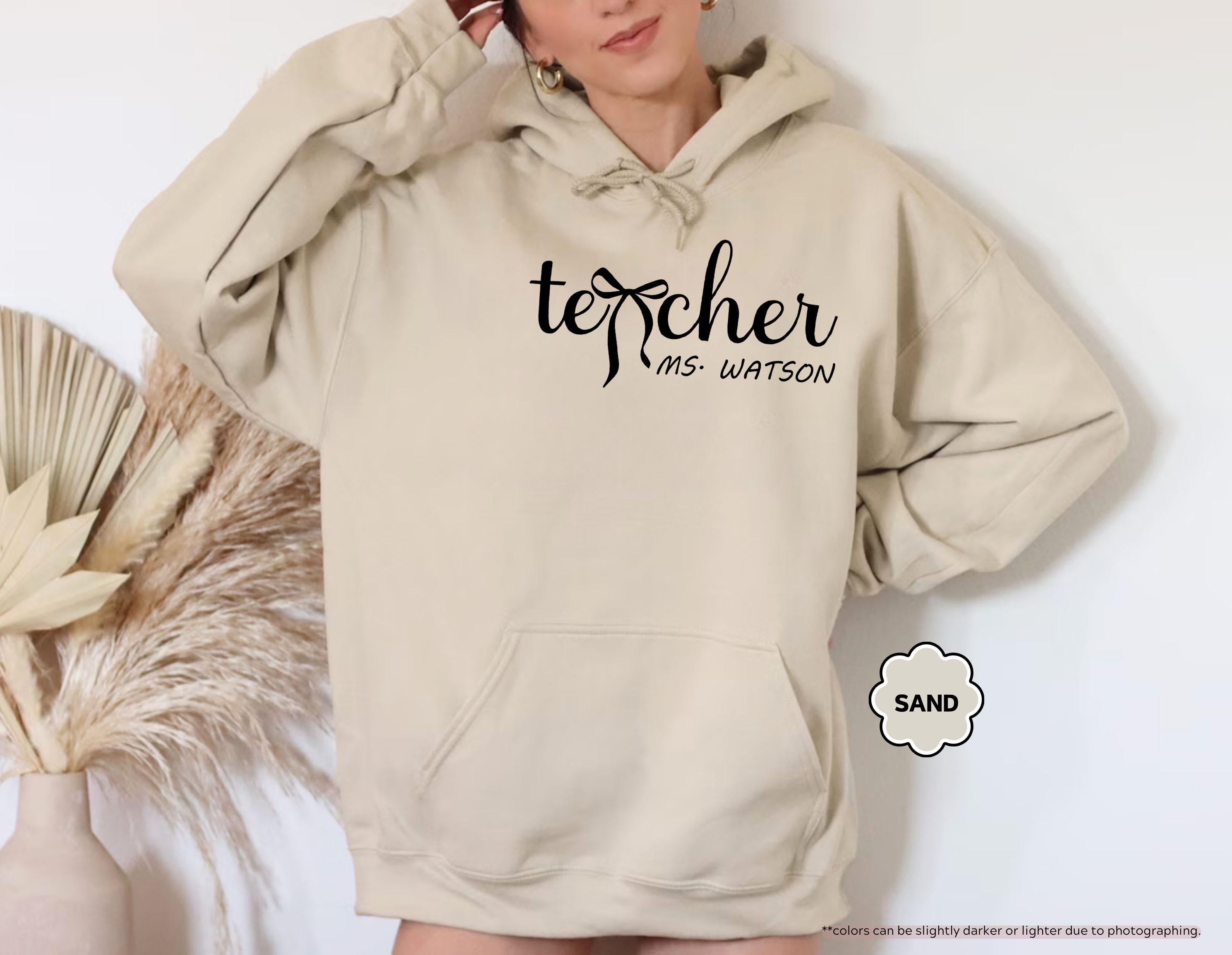 Personalized Teacher Sweatshirt, Custom Name Teacher Hoodie, Coquette Bow Teacher Crewneck, Teacher Appreciation Gift, Teacher Life Hoodie