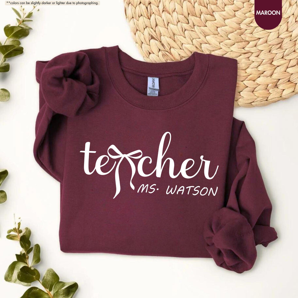 Personalized Teacher Sweatshirt, Custom Name Teacher Hoodie, Coquette Bow Teacher Crewneck, Teacher Appreciation Gift, Teacher Life Hoodie