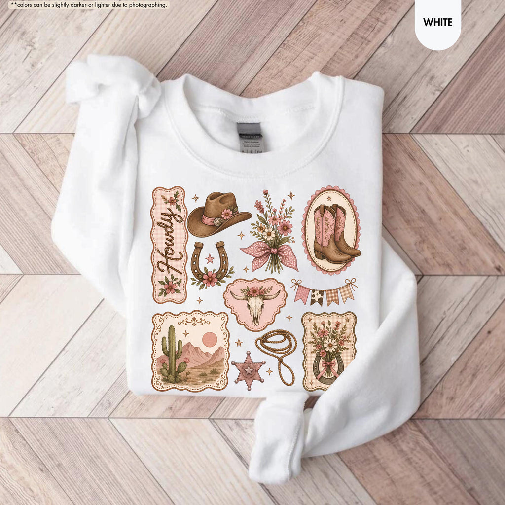 Howdy Sweatshirt, Coquette Cowgirl Hoodie, Floral Western Crewneck, Texas Rodeo Sweatshirt, Cowgirl Boots Hat Sweatshirt, Southern Girl Gift