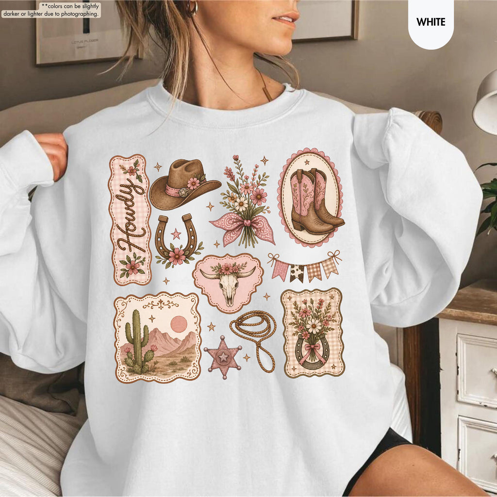 Howdy Sweatshirt, Coquette Cowgirl Hoodie, Floral Western Crewneck, Texas Rodeo Sweatshirt, Cowgirl Boots Hat Sweatshirt, Southern Girl Gift
