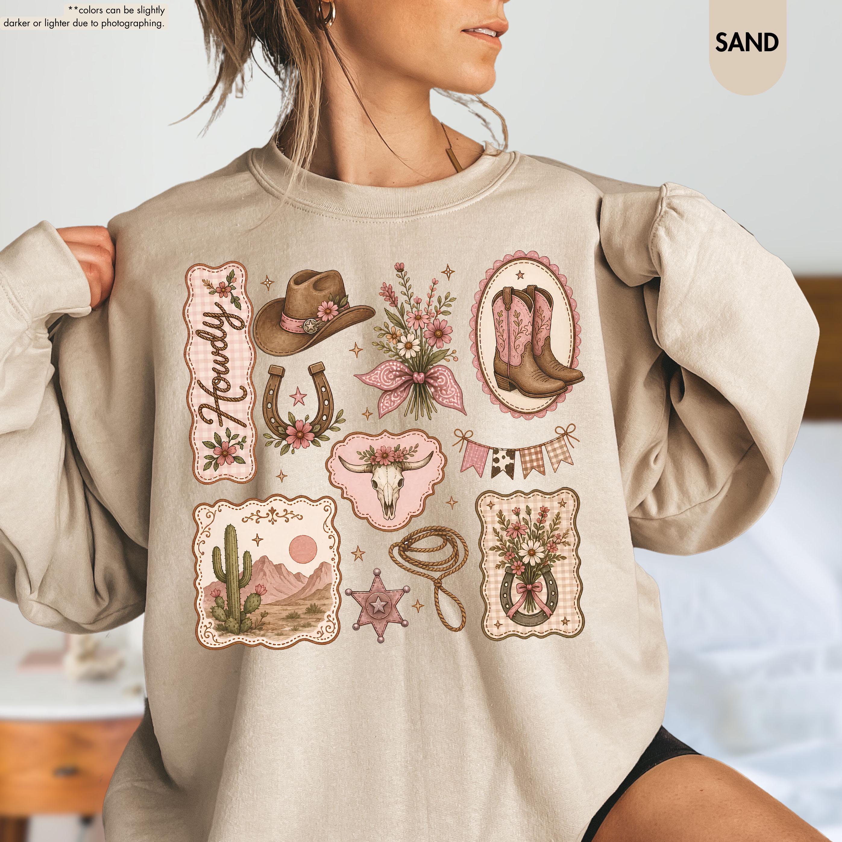 Howdy Sweatshirt, Coquette Cowgirl Hoodie, Floral Western Crewneck, Texas Rodeo Sweatshirt, Cowgirl Boots Hat Sweatshirt, Southern Girl Gift