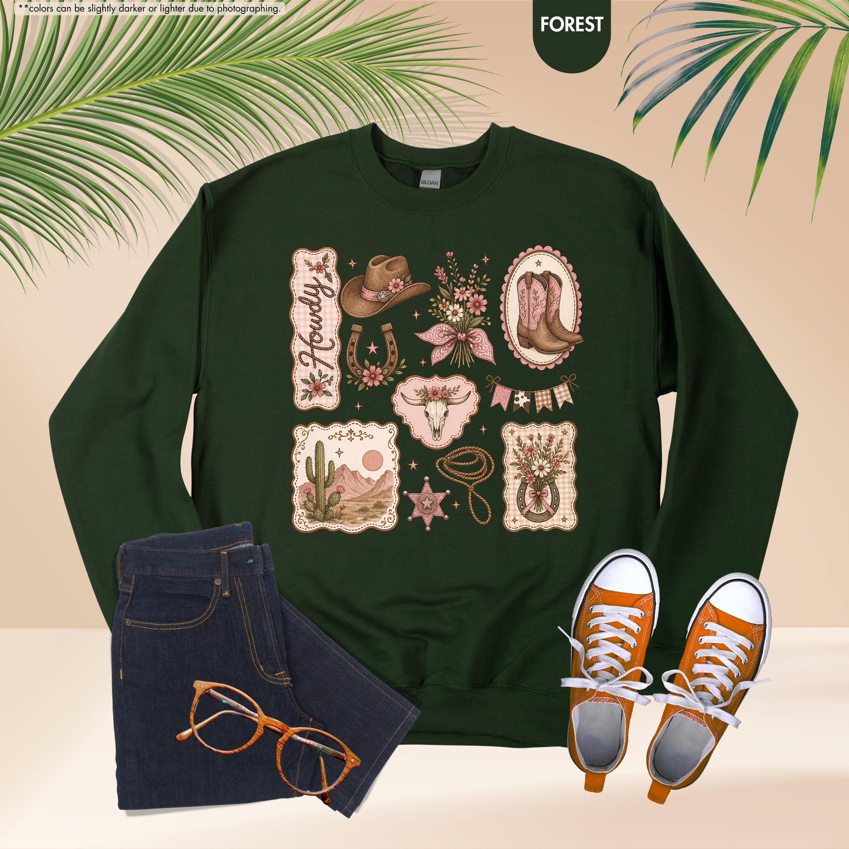 Howdy Sweatshirt, Coquette Cowgirl Hoodie, Floral Western Crewneck, Texas Rodeo Sweatshirt, Cowgirl Boots Hat Sweatshirt, Southern Girl Gift