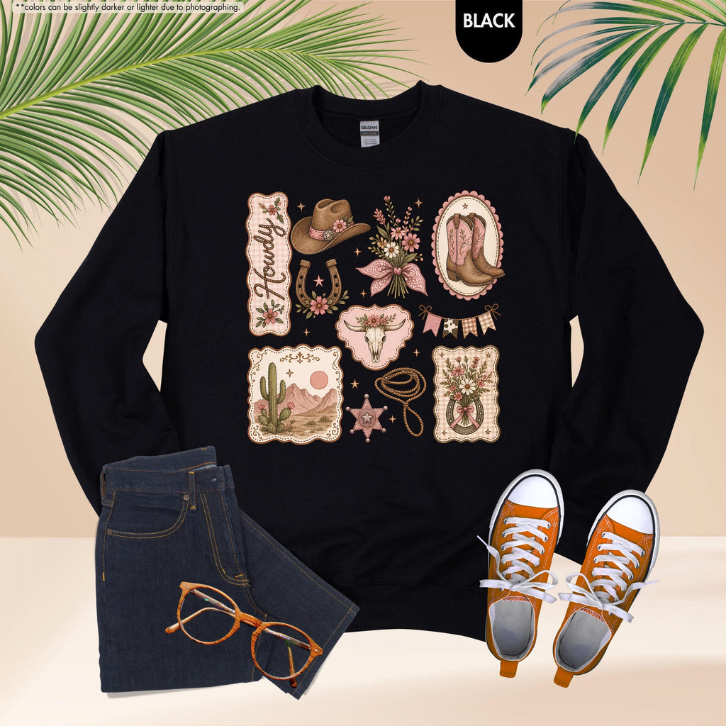 Howdy Sweatshirt, Coquette Cowgirl Hoodie, Floral Western Crewneck, Texas Rodeo Sweatshirt, Cowgirl Boots Hat Sweatshirt, Southern Girl Gift