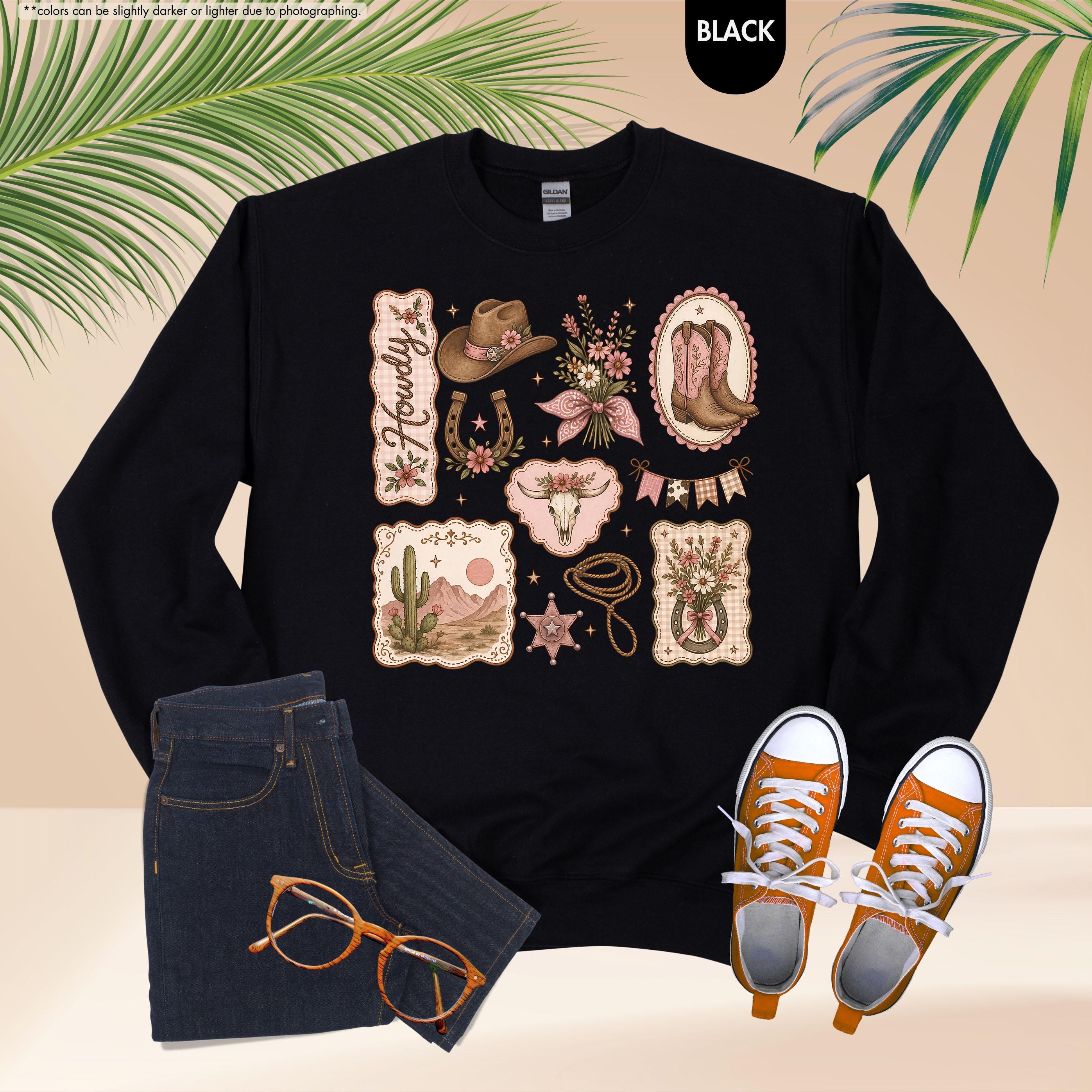 Howdy Sweatshirt, Coquette Cowgirl Hoodie, Floral Western Crewneck, Texas Rodeo Sweatshirt, Cowgirl Boots Hat Sweatshirt, Southern Girl Gift