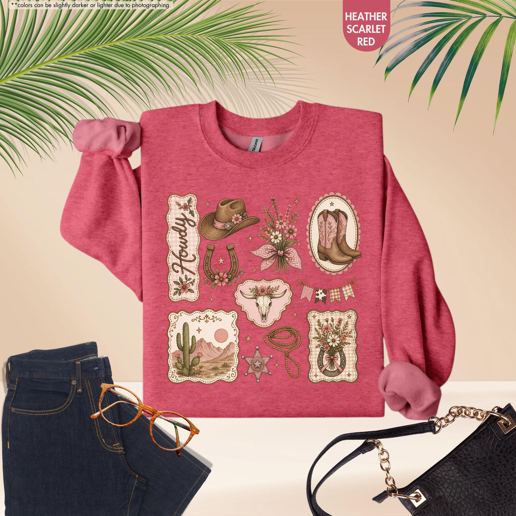 Howdy Sweatshirt, Coquette Cowgirl Hoodie, Floral Western Crewneck, Texas Rodeo Sweatshirt, Cowgirl Boots Hat Sweatshirt, Southern Girl Gift