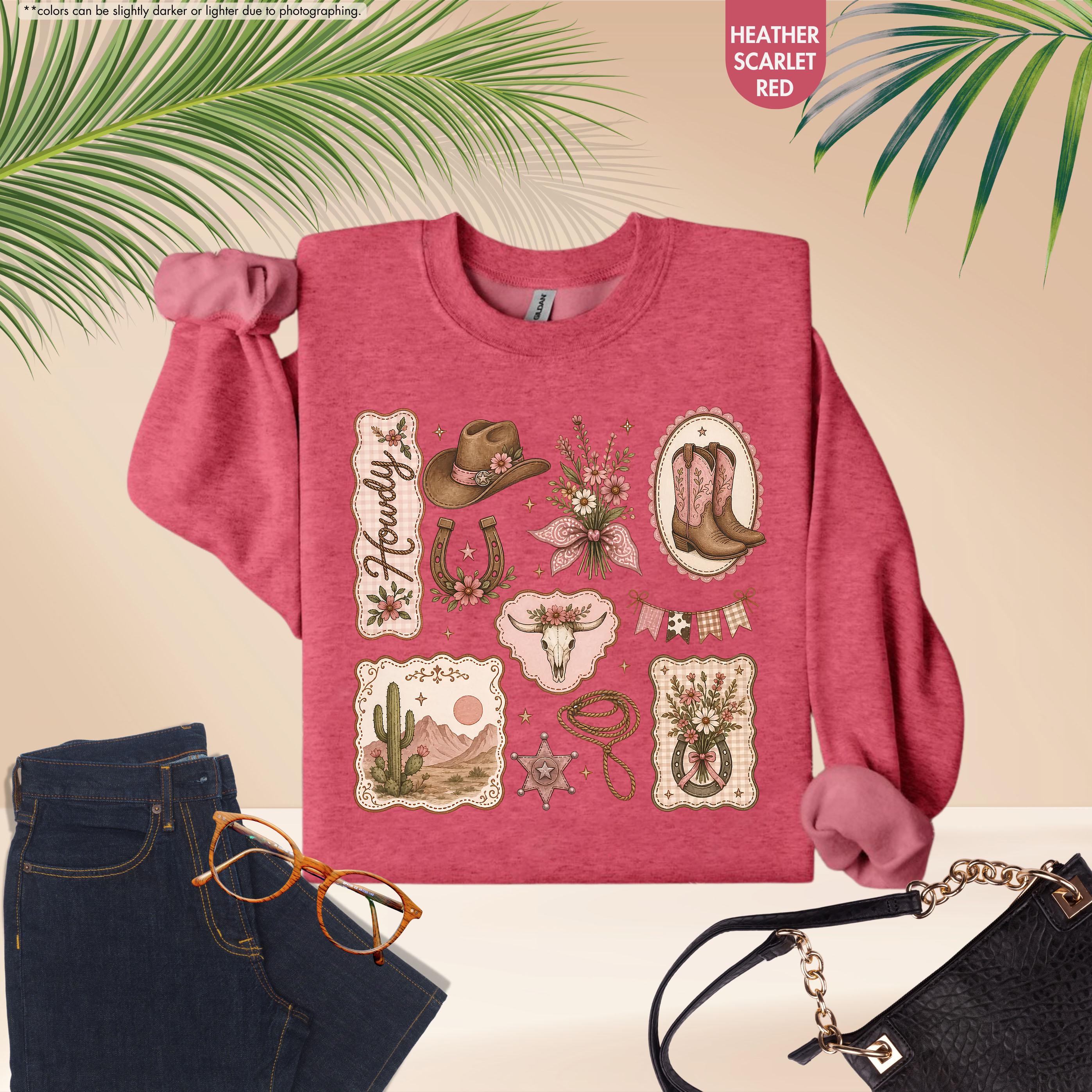 Howdy Sweatshirt, Coquette Cowgirl Hoodie, Floral Western Crewneck, Texas Rodeo Sweatshirt, Cowgirl Boots Hat Sweatshirt, Southern Girl Gift