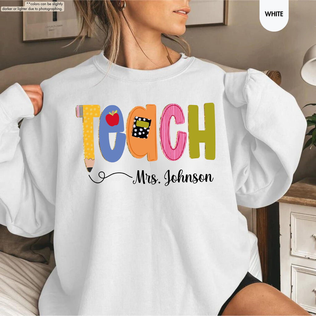 Preppy Teach Sweatshirt, Personalized Teacher Sweatshirt, Custom Name Teacher Hoodie, Back to School Crewneck, Teacher Appreciation Gift