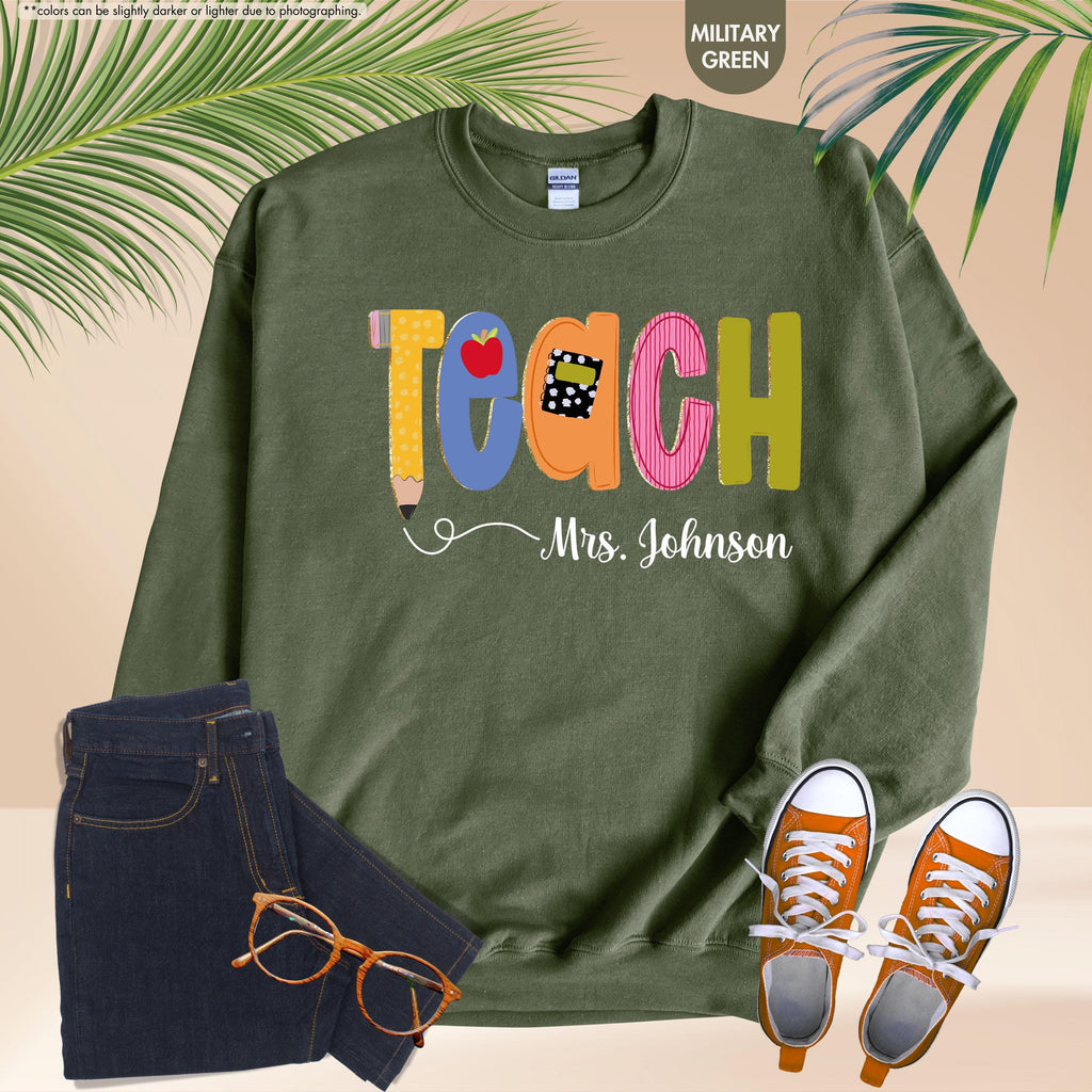 Preppy Teach Sweatshirt, Personalized Teacher Sweatshirt, Custom Name Teacher Hoodie, Back to School Crewneck, Teacher Appreciation Gift