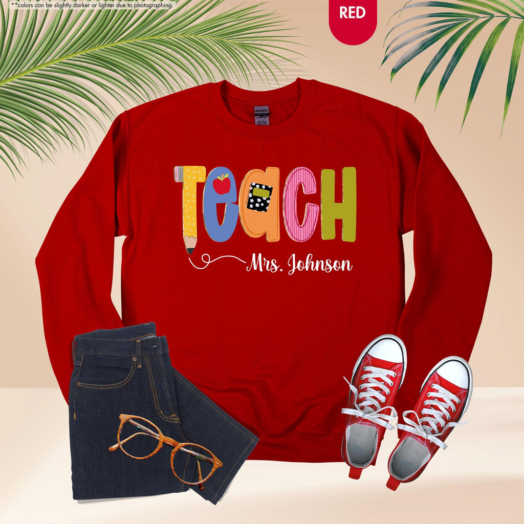 Preppy Teach Sweatshirt, Personalized Teacher Sweatshirt, Custom Name Teacher Hoodie, Back to School Crewneck, Teacher Appreciation Gift