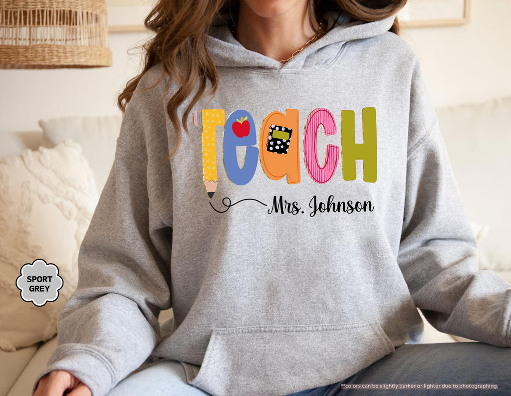 Preppy Teach Sweatshirt, Personalized Teacher Sweatshirt, Custom Name Teacher Hoodie, Back to School Crewneck, Teacher Appreciation Gift