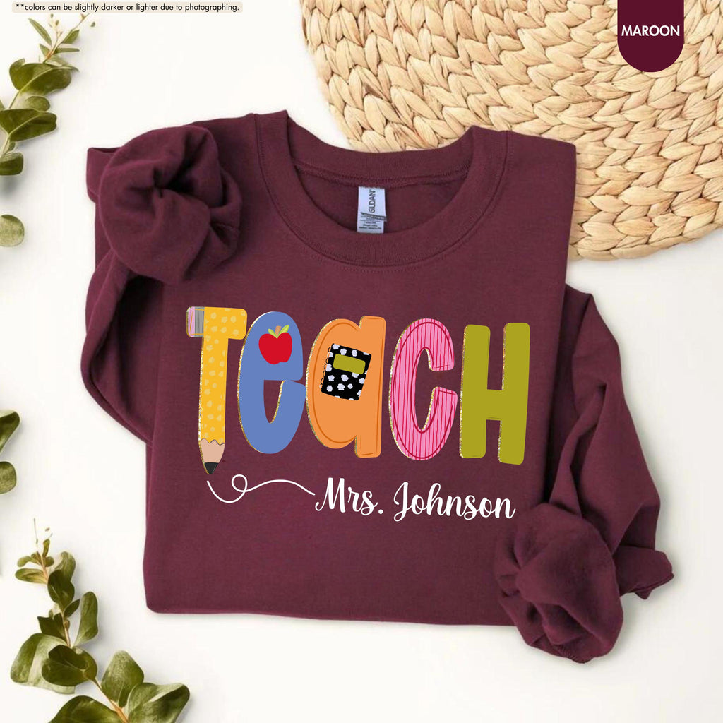 Preppy Teach Sweatshirt, Personalized Teacher Sweatshirt, Custom Name Teacher Hoodie, Back to School Crewneck, Teacher Appreciation Gift