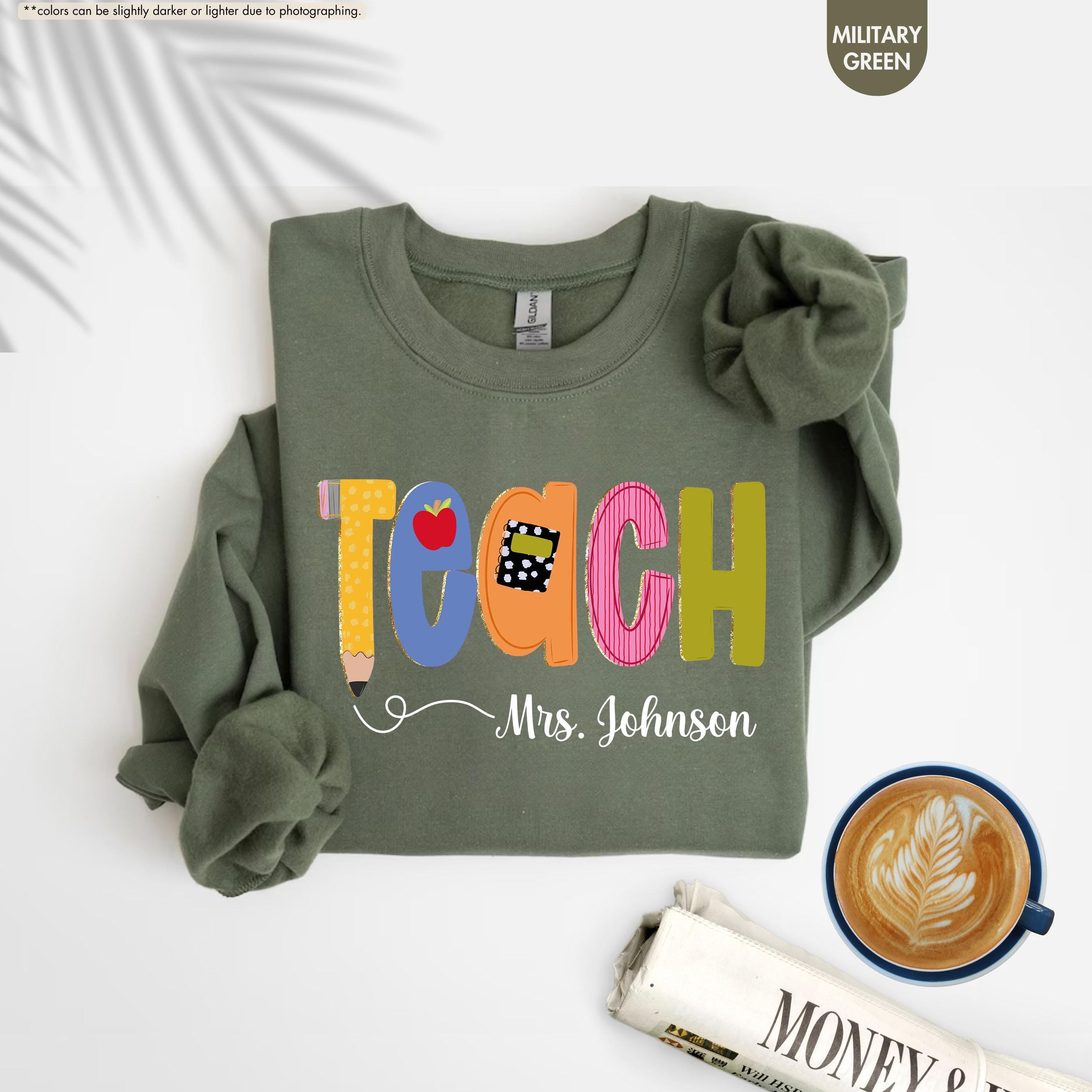Preppy Teach Sweatshirt, Personalized Teacher Sweatshirt, Custom Name Teacher Hoodie, Back to School Crewneck, Teacher Appreciation Gift