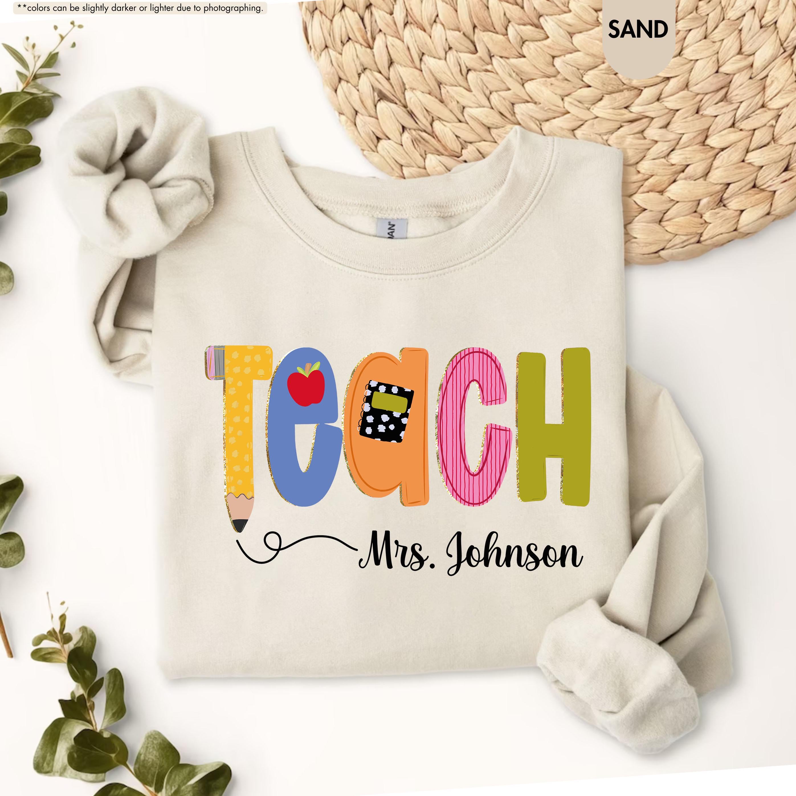 Preppy Teach Sweatshirt, Personalized Teacher Sweatshirt, Custom Name Teacher Hoodie, Back to School Crewneck, Teacher Appreciation Gift