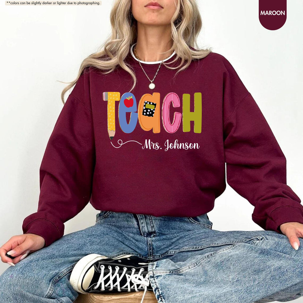 Preppy Teach Sweatshirt, Personalized Teacher Sweatshirt, Custom Name Teacher Hoodie, Back to School Crewneck, Teacher Appreciation Gift