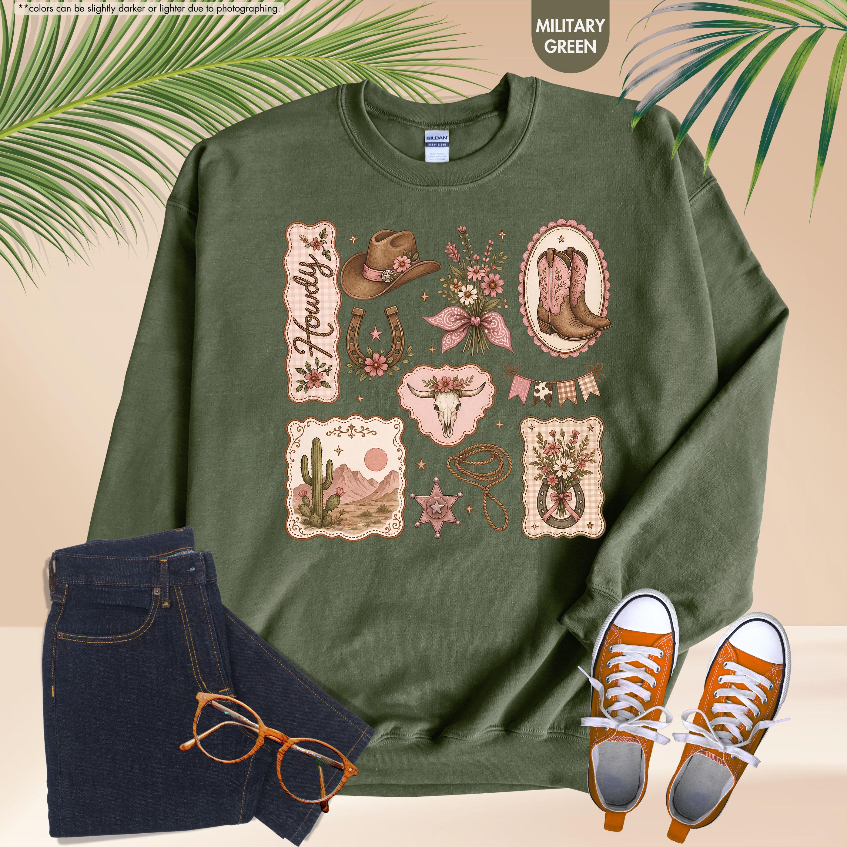 Howdy Sweatshirt, Coquette Cowgirl Hoodie, Floral Western Crewneck, Texas Rodeo Sweatshirt, Cowgirl Boots Hat Sweatshirt, Southern Girl Gift