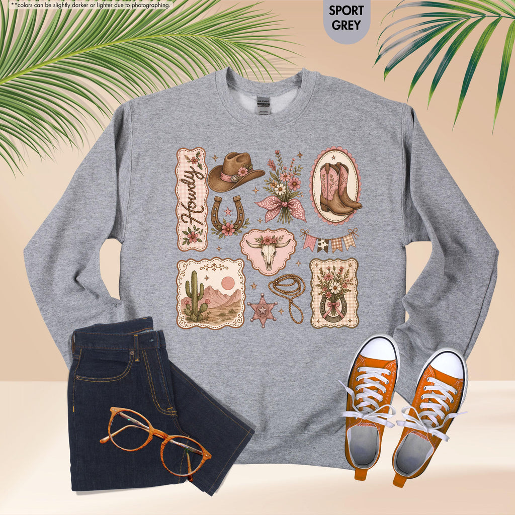 Howdy Sweatshirt, Coquette Cowgirl Hoodie, Floral Western Crewneck, Texas Rodeo Sweatshirt, Cowgirl Boots Hat Sweatshirt, Southern Girl Gift