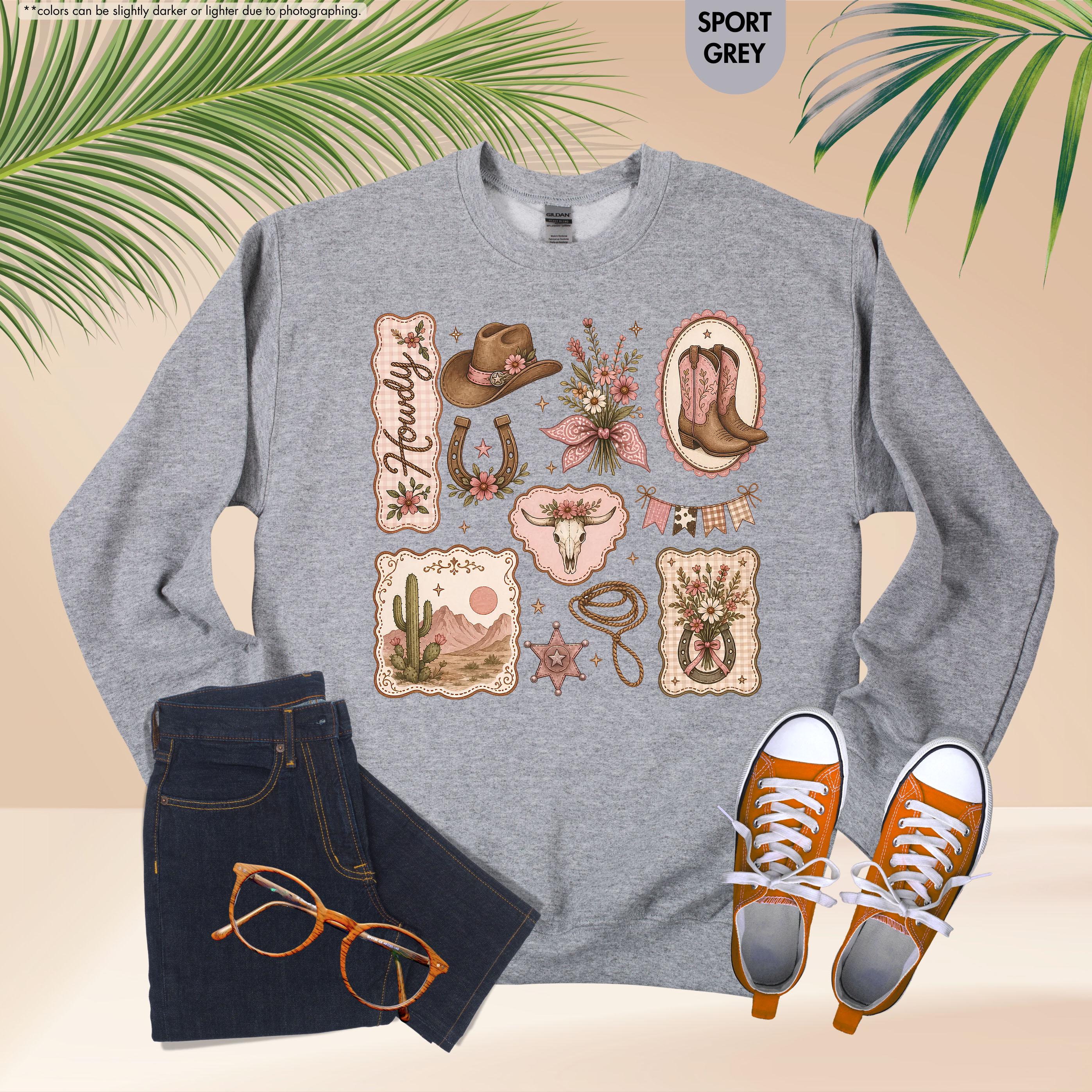 Howdy Sweatshirt, Coquette Cowgirl Hoodie, Floral Western Crewneck, Texas Rodeo Sweatshirt, Cowgirl Boots Hat Sweatshirt, Southern Girl Gift