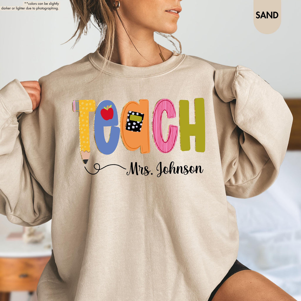 Preppy Teach Sweatshirt, Personalized Teacher Sweatshirt, Custom Name Teacher Hoodie, Back to School Crewneck, Teacher Appreciation Gift